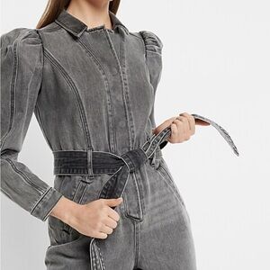 Puff Sleeve Tie Waist Gray Wash Denim Jumpsuit